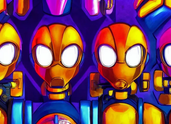 Image similar to 3 rows of 3 framed closeup colorful 3 d - rendered face portraits of cute evil robots from mega man, with a futuristic mechanical background.