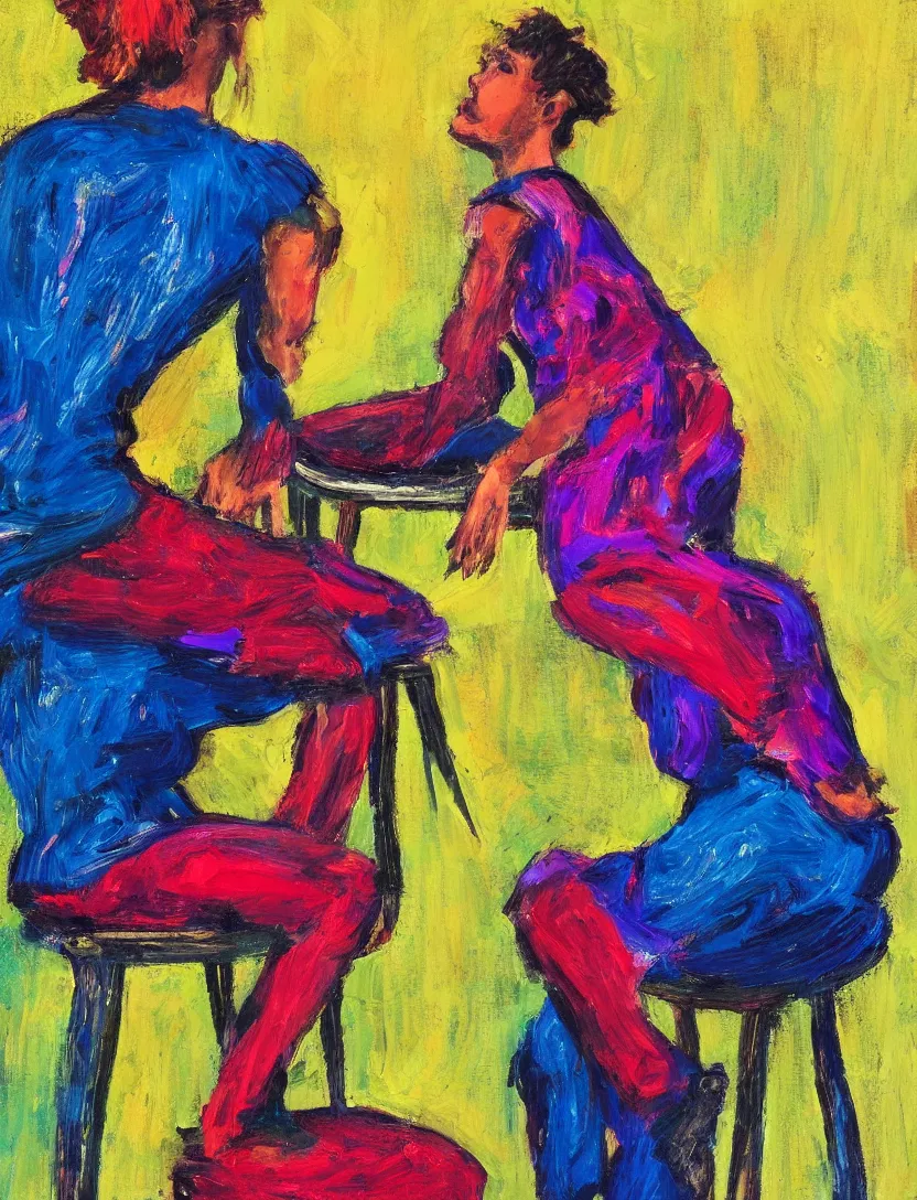 Prompt: A woman sitting on a stool reaching behind her with one hand. Close Shot. In the Style of Matthew Smith. Thick and colorful brush strokes.