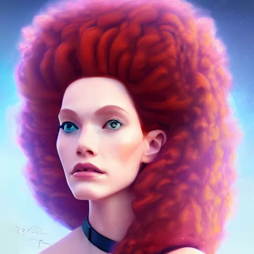 Prompt: portrait of Princess Merida, futuristic and elegant, expressive pose, sci-fi, cyberpunk, highly detailed, digital painting, artstation, concept art, smooth, sharp focus, by Grant Wood