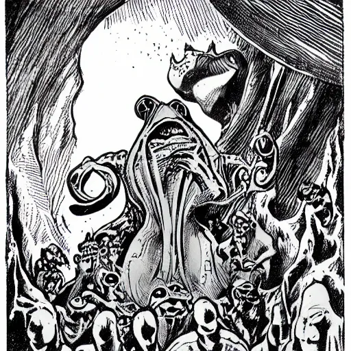 Prompt: Frog-headed men worship a statue of Cthulu in a dark cave. D&D. Pen and ink. 1980s Black and white. Mike Mignola, Larry Elmore.