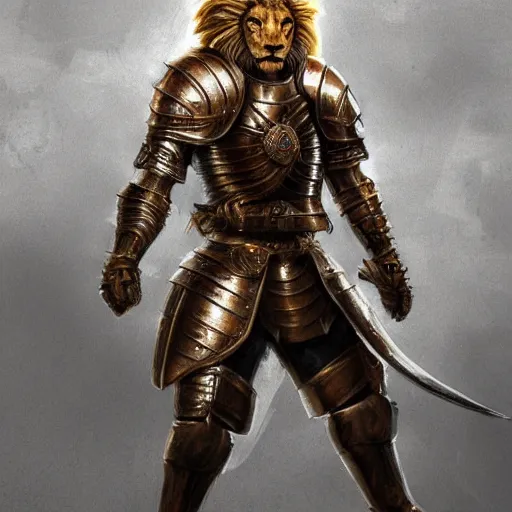 Image similar to Humanoid lion warrior standing on two legs in medieval armor, realistic, detailed, digital art, trending on artstation