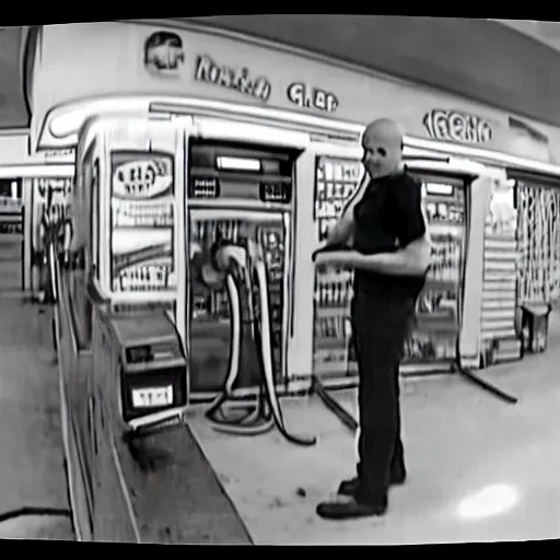 Prompt: CCTV footage of Mr. Clean robbing a gas station