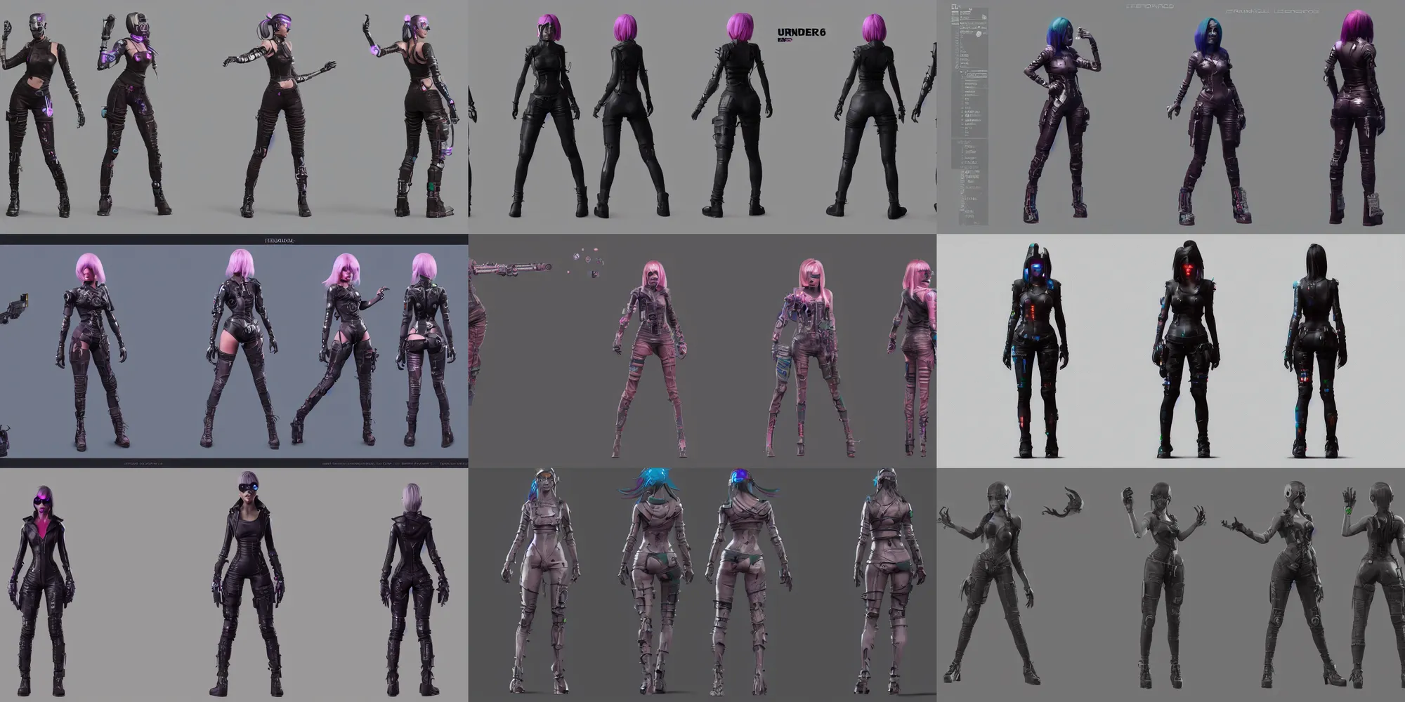 Prompt: character sheet of badass cyberpunk girl by francis bacon, riot games, concept design, 3 d, unreal engine 5, trending on artstation, pincushion lens effect