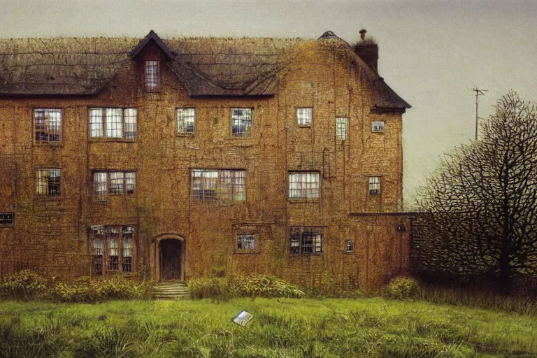 Prompt: cyberpunk, an estate agent listing photo, external view of a 5 bed countryside house in the UK, by Beksinski