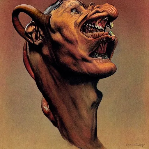 Prompt: upper body portrait a thick-necked horned demon, by norman rockwell and boris vallejo