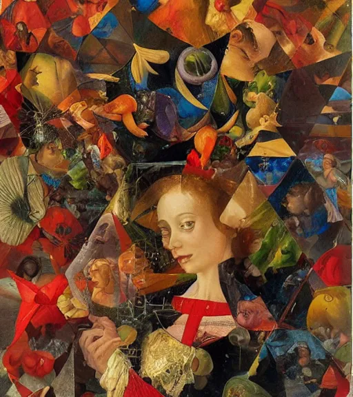 Prompt: an oil painting by arcimboldo, by fra angelico, by botticelli, by norman rockwell, by georgia o keeffe seen through a kaleidoscope, detailed, high resolution, scratches,