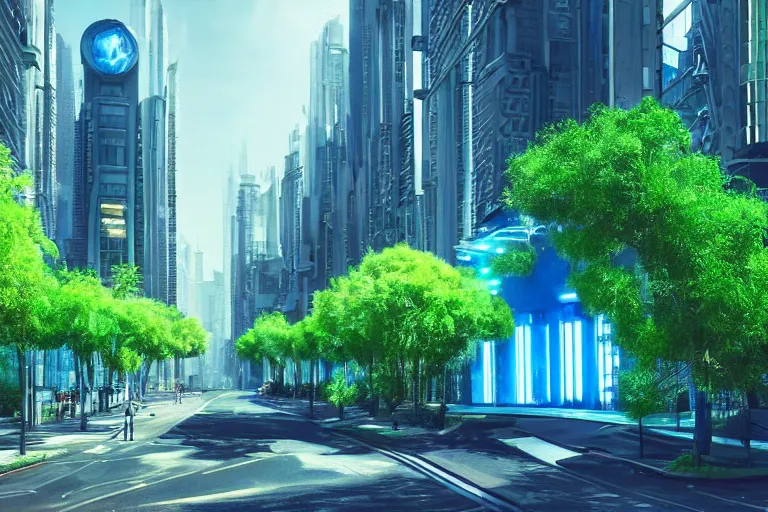 Image similar to an ultra realistic cinematic wideangle photograph of a utopian futuristic city street, green plants, blue sky, beautiful lighting, ultra realistic, movie still, futuristic utopia, ultra realistic