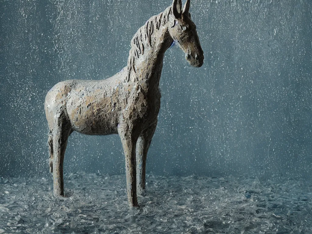 Image similar to a photo-real glazed ceramic sculpture of a mule, standing in an ocean of bubbly water, micro detail, backlit, studio light