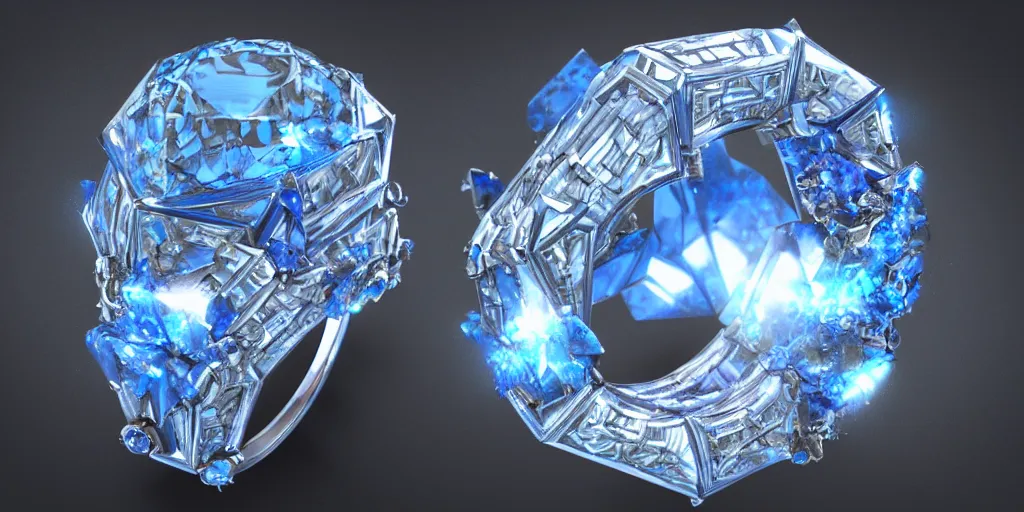 Prompt: stunning magic ring with a diamond, ice, blue, engraving, d & d, item, graphic, close - up, design, shimmer, artbook, page, detailed, trending on artstation, cgsociety, greg rutkowski and thomas kinkade and moebius