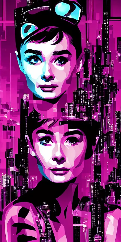 Prompt: audrey hepburn cyberpunk, synthwave poster,