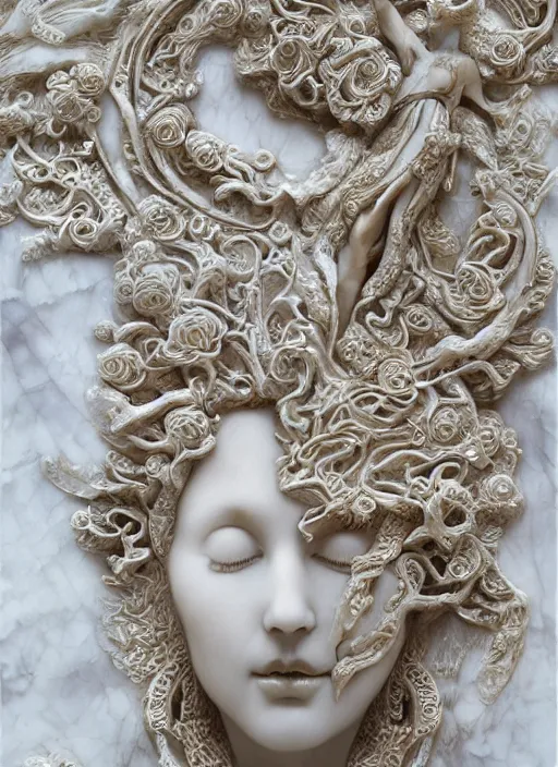 Image similar to romantic marble sculpture of beautiful woman, glistening, mandelbulb, masterpiece, rodin, michelangelo, hypercube, ivory carving, fractal paisley inlay, lace, intricate, elegant, highly detailed, gold inlay, metallic, ivory, artgerm, lace, by ruan jia and greg rutkowski