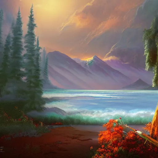 Image similar to a beautiful matte painting of a character, by steve argyle and mark arian, in an environment painted by bob ross