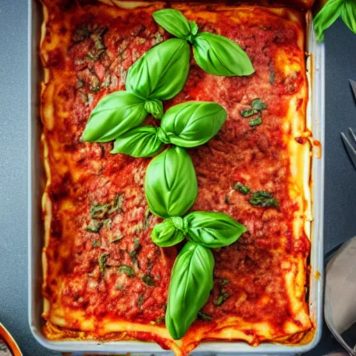 Image similar to photo of a platypus cooking a lasagna with three basil leaves over the lasagna