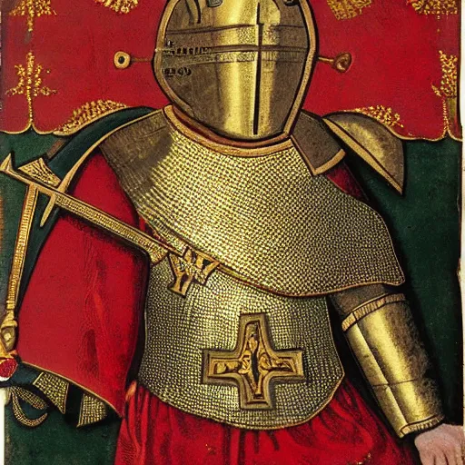 Prompt: man in 15 century decorated with gold crusader armor and mantle with kingdom of jerusalem insignia in 19 century art style