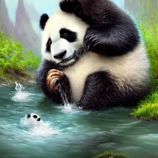 Prompt: Epic portrait an fluffy cute panda playing with water near a green river, nature, digital painting, artstation, concept art, soft light, hdri, smooth, sharp focus, illustration, fantasy, intricate, elegant, highly detailed, D&D, matte painting, in the style of Greg Rutkowski and Alphonse Mucha and artemisia, 8k, highly detailed, jurgens, rutkowski, bouguereau, pastoral, rustic, georgic, detailed concept art, illustration, colorful pastel, painting, detail, ultra detailed, digital art, 4K,