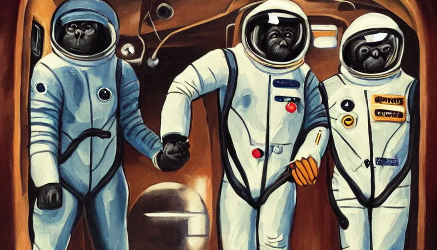 Prompt: Two Apes in 70s Spacesuits Hold hands inside a Hallway on a spaceship, High Quality Painting