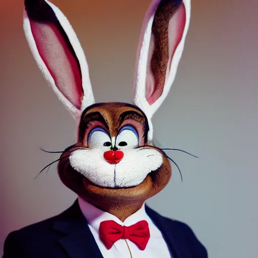 Image similar to A full portrait photo of real-life bugs bunny, f/22, 35mm, 2700K, lighting.