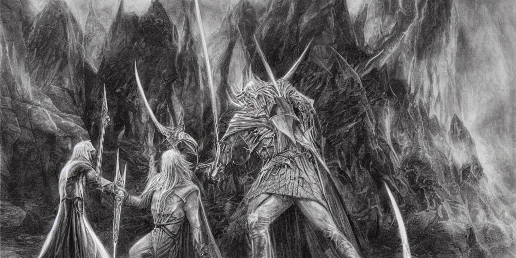 Prompt: illustration of Sauron fighting Saruman, the lord of the rings, by Alan Lee