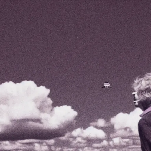 Prompt: an aged greyscale analog photograph of a beautiful woman looking at a ufo sighting, detailed clouds, high contrast, film grain, color bleed