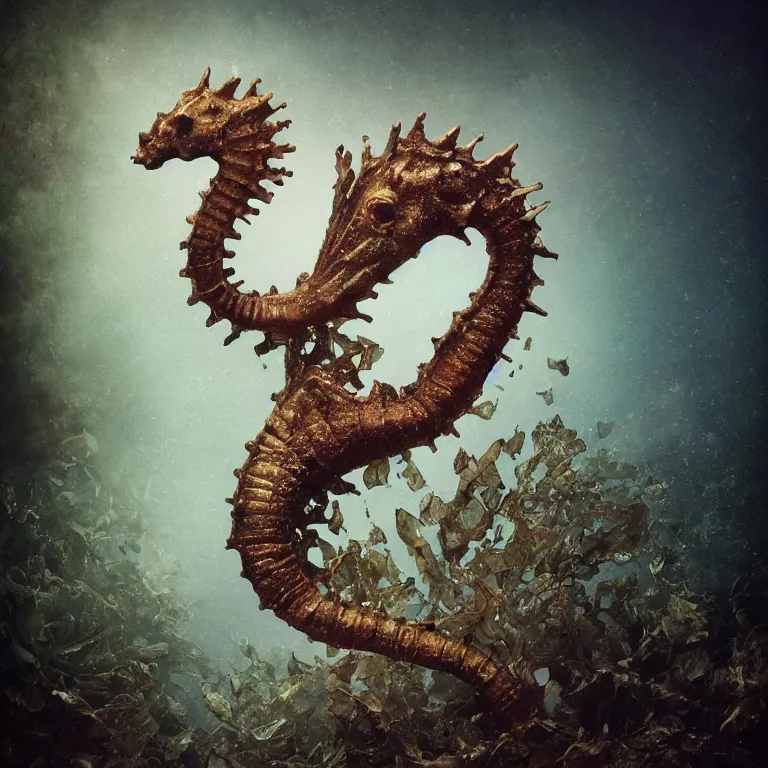 Image similar to seahorse, dusty, underwater,!! bokeh, old tintype, realistic armoured tree made of leaves, dramatic light, dystopian environment, intricate, elegant, highly detailed, headdress, artstation, sharp focus, artgerm, tomasz alen kopera, peter mohrbacher, donato giancola, boris vallejo, frank frazetta