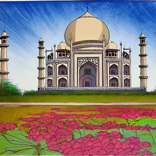 Prompt: taj mahal, drawn by hayao miyazaki