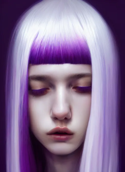 Image similar to hair whitebangs hair, black hair, whitebangs, portrait of teenage girl with white bangs, red irises, purple clothes, white bangs, bangs are different color from hair, intricate, elegant, glowing lights, highly detailed, digital painting, artstation, concept art, smooth, sharp focus, illustration, art by wlop, mars ravelo and greg rutkowski