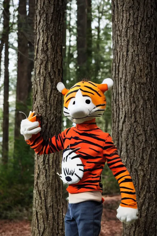 Image similar to portrait of Calvin and Hobbes costume, starring in live-action adaptation of the comics, cosplay portrait photograph,