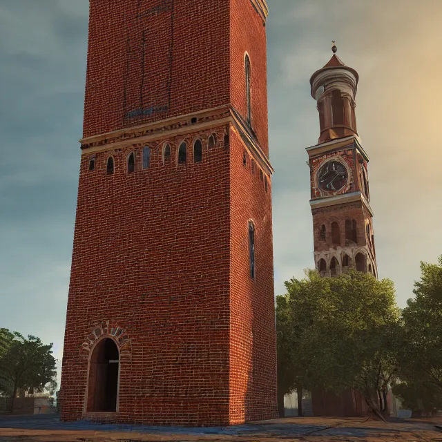 Image similar to georgian style brick clock tower colonial city with tall strange buildings, volumetric, realistic, cinematic lighting, ray tracing, unreal engine 5, octane render, hyper realistic, photo, 8 k