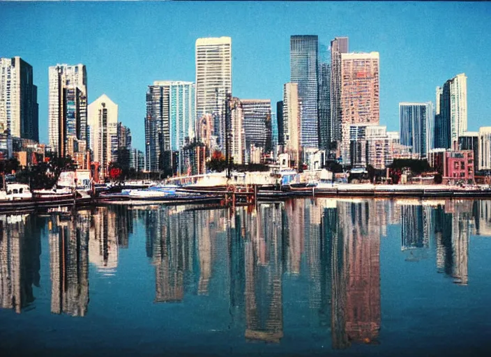 Prompt: retro color photo of a city skyline in the 8 0's. reflections in the water. boats in the water