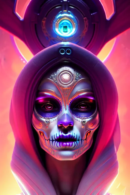 Prompt: ultra detailed female android deity, scifi, fantasy, octane render, unreal engine, dia de los muertos, asymmetrical intricate concept art, triadic color, art by artgerm and greg rutkowski and alphonse mucha, 8 k, artstation, cgstation, behance