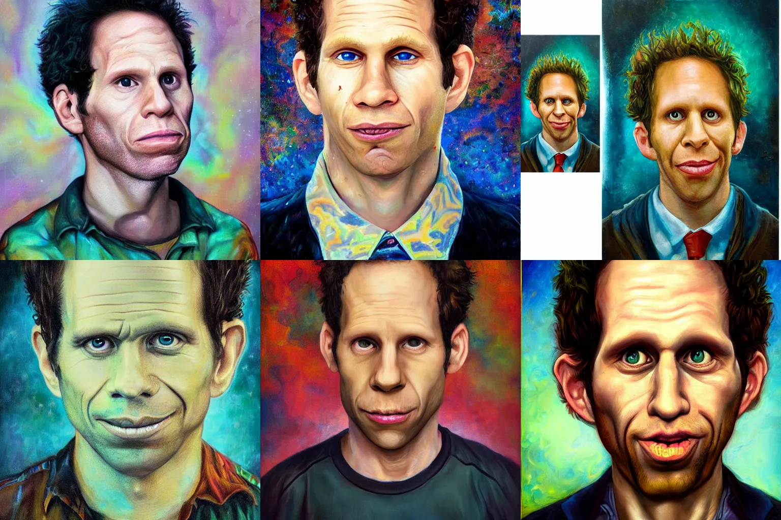 Prompt: portrait of glenn howerton as dennis reynolds in the style of esao andrews, oil painting, pop surrealism, cartoon-tainted abstract surrealism