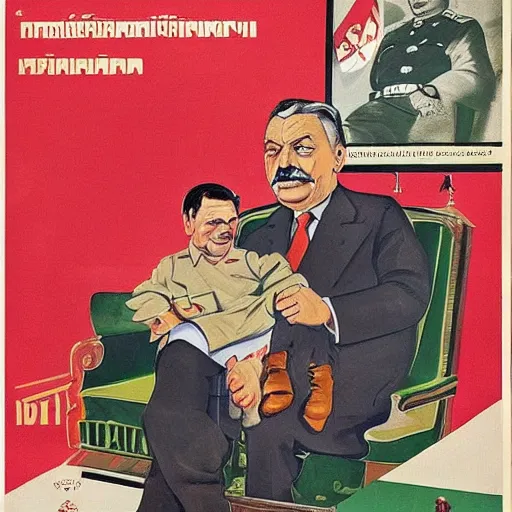 Image similar to hungarian prime minister viktor orban sits on stalin's lap, soviet propaganda poster art, highly detailed, colored