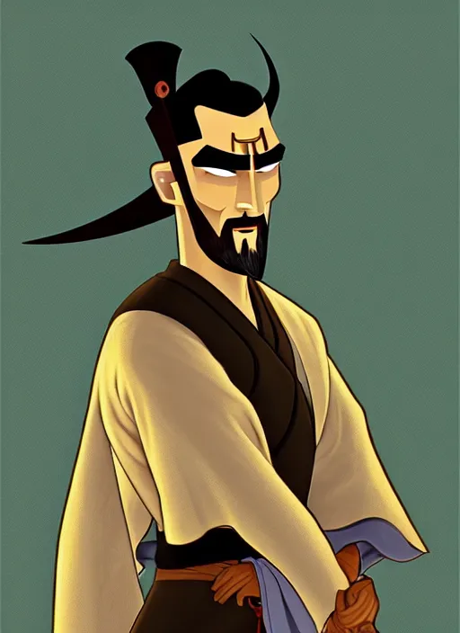 Prompt: oil portrait of samurai jack, clean shaven, intricate, elegant, highly detailed, lighting, painting, artstation, smooth, illustration, art by greg rutowski and alphonse mucha