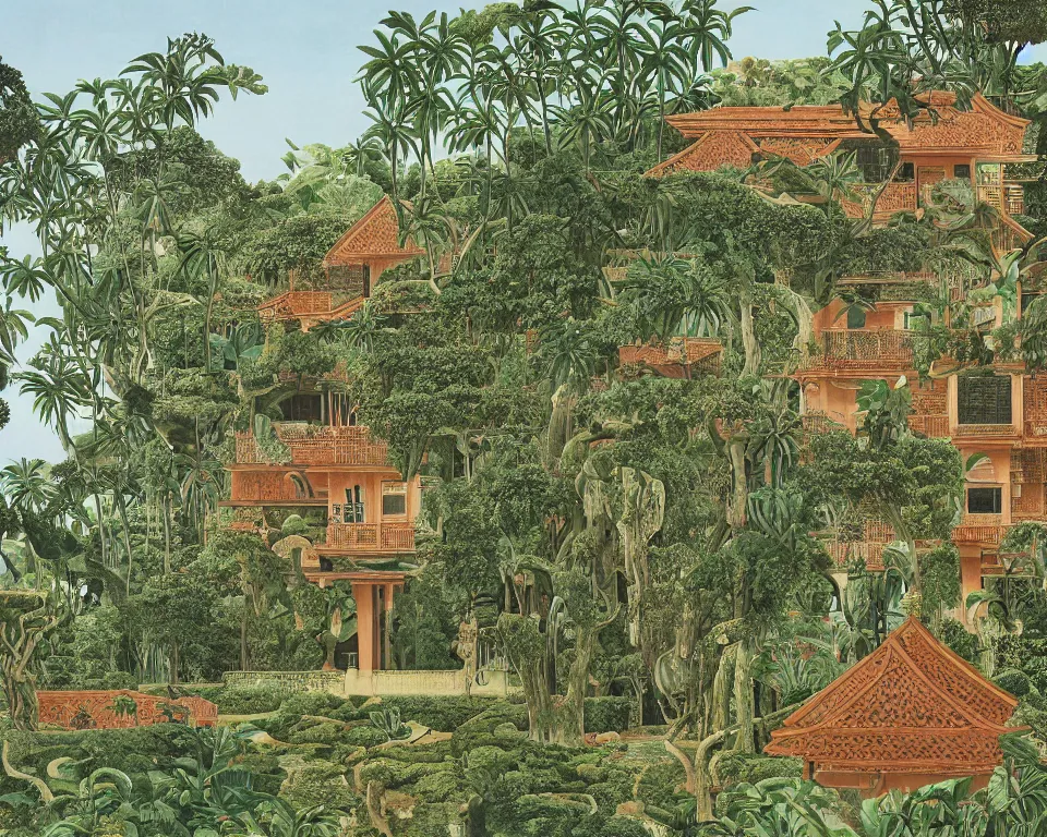 Image similar to repeating colonial mansions, overgrown with tropical foligage, by Salvador Dali and Hasui Kawase.