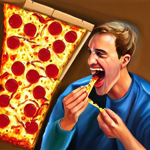 Prompt: an male person eating cheesy pizza, digital art, 3 d, oil painting,