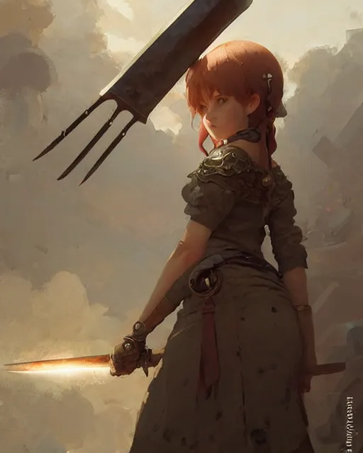 Image similar to cute girl, whitesmith, huge intricate hammer as weapon, mechanical parts, digital painting by krenz cushart, ilya kuvshinov, akihiko yoshida, greg rutkowski, karl spitzweg. sharp focus, highly detailed, intricate background