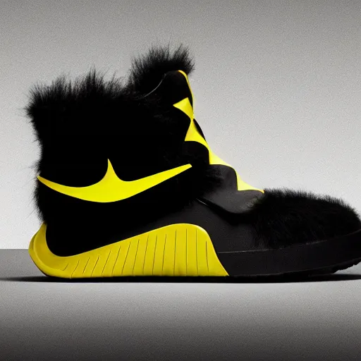 Image similar to nike model shoe made of very fluffy yellow and black faux fur placed on reflective surface, sonic colors professional advertising, overhead lighting, heavy detail, realistic by nate vanhook, mark miner