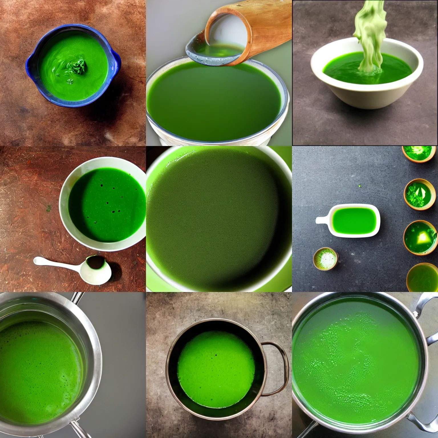 Prompt: brewing green fluid soup