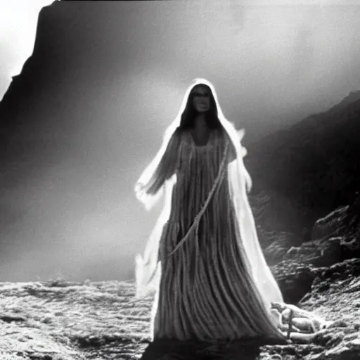 Prompt: 1 9 7 0's artistic spaghetti western movie, a woman in a giant billowy wide flowing waving dress made out of white smoke, standing inside a dark western rocky scenic landscape, volumetric lighting