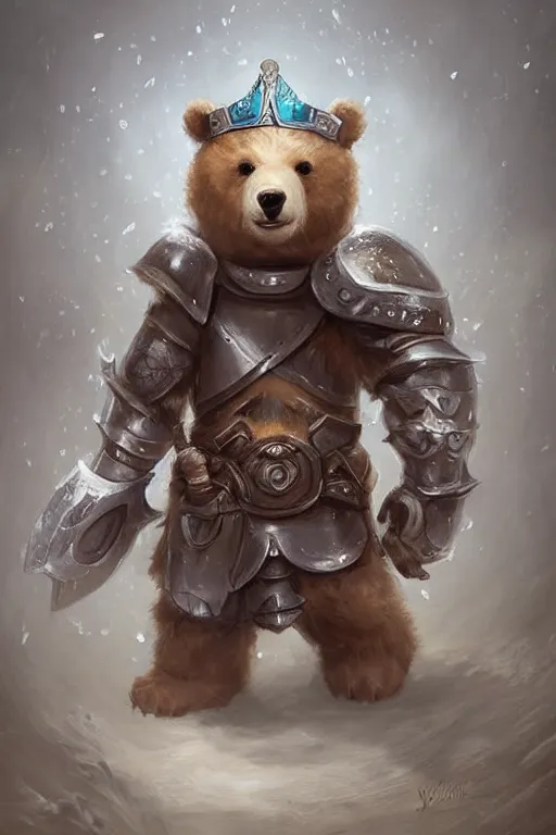 Image similar to cute little anthropomorphic bear knight wearing a cape and a crown, tiny, small, miniature bear, baby animal, short, pale blue armor, cute and adorable, pretty, beautiful, DnD character art portrait, matte fantasy painting, DeviantArt Artstation, by Jason Felix by Steve Argyle by Tyler Jacobson by Peter Mohrbacher, cinematic lighting