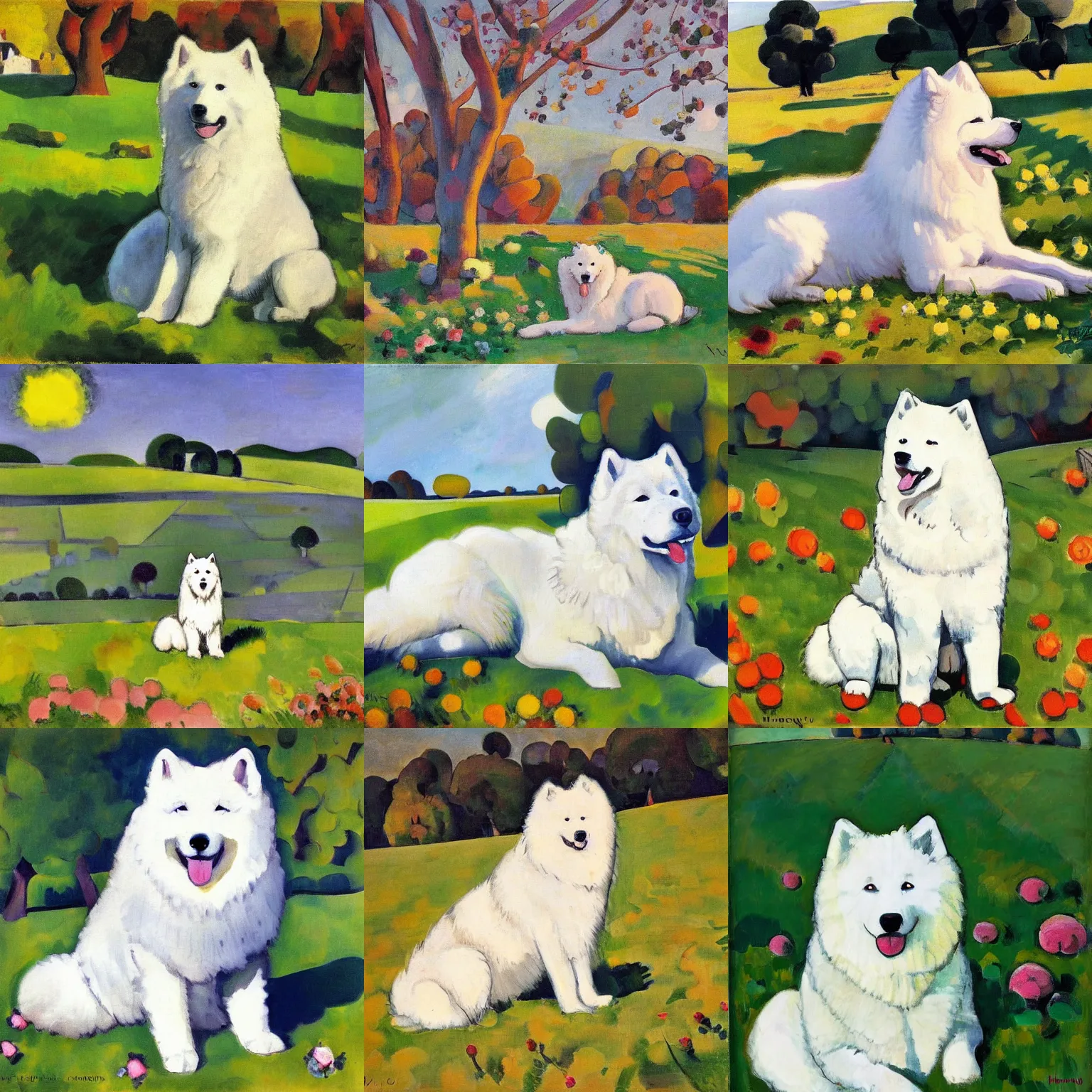 Prompt: a samoyed dog sitting in the middle of sunny meadow, by henri manguin