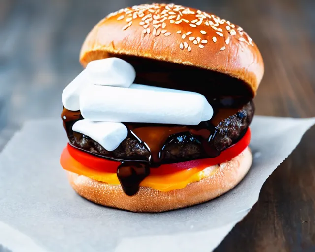 Prompt: dslr food photograph of burger with a layer of marshmallows in it, chocolate sauce, 8 5 mm f 1. 4
