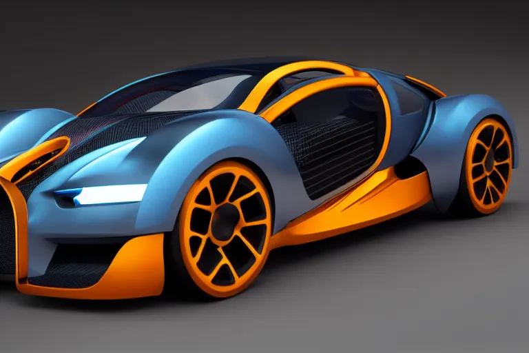 Image similar to cyberpunk bugatti concept inspired sports car, futuristic look, highly detailed body, very expensive, photorealistic camera shot, bright studio setting, studio lighting, crisp quality and light reflections, unreal engine 5 quality render