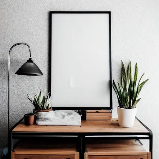 Image similar to a minimalist mockup photo with large blank frame, in a white clean and elegant boho style studio, white walls, trending on pinterest
