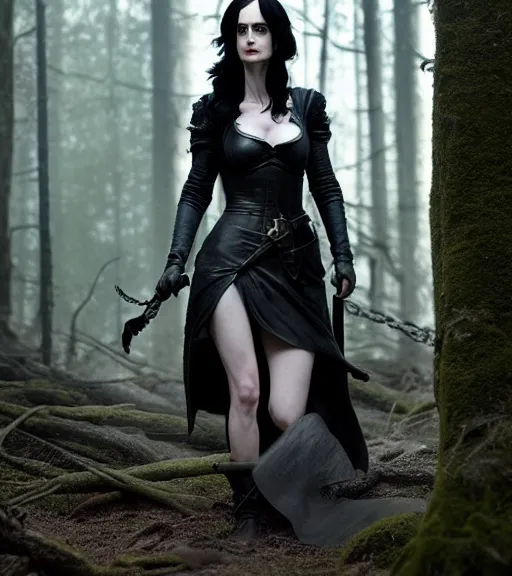 Image similar to 5 5 mm portrait photo of krysten ritter as yennefer of vengerberg in black leather armor and black hair, in a forest. magical atmosphere. art by greg rutkowski. lifelike. very detailed 8 k. intricate. soft light. nikon d 8 5 0.