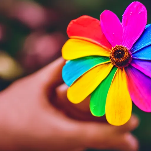 Prompt: closeup photo of rainbow - colored flower with 7 petals, held by hand, shallow depth of field, cinematic, 8 0 mm, f 1. 8