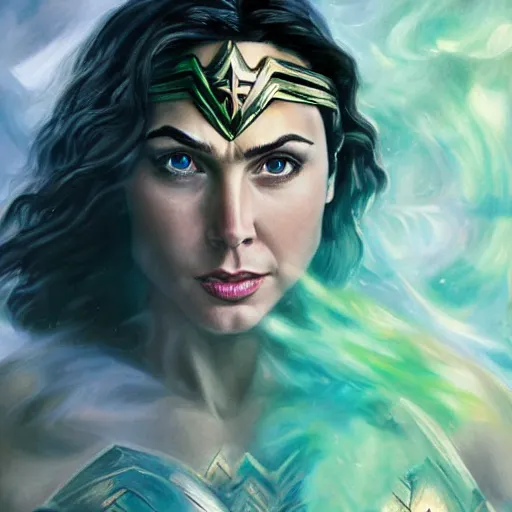 Prompt: highly detailed painting of wonder woman floating in the center, white hair, glowing green eyes, dark blue to white center background, 4 k, ultra realistic,