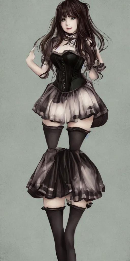 Image similar to photo of cute beautiful 18 year old girl in skirt, thigh highs and corset, full-length digital art, character design, trending on artstation,