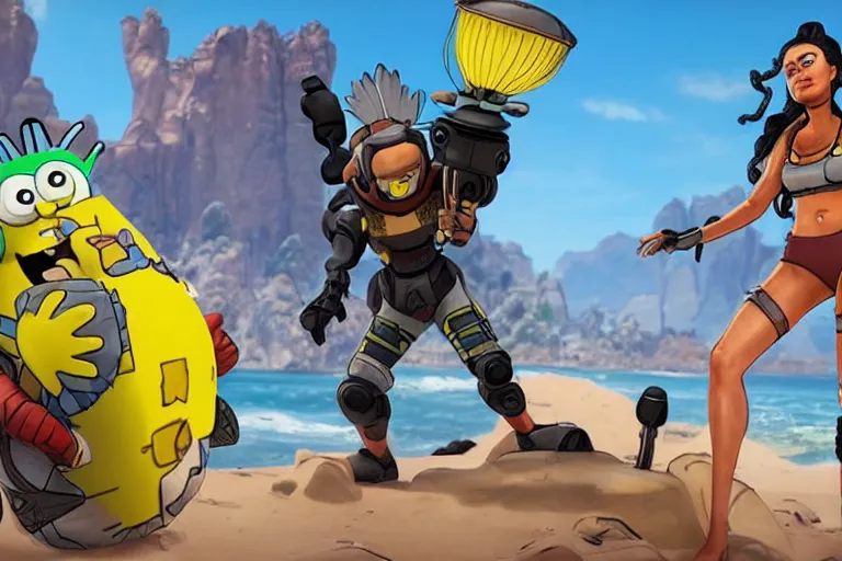 Image similar to loba from apex legends with spongebob in bikini bottom. ingame screenshot, high detail