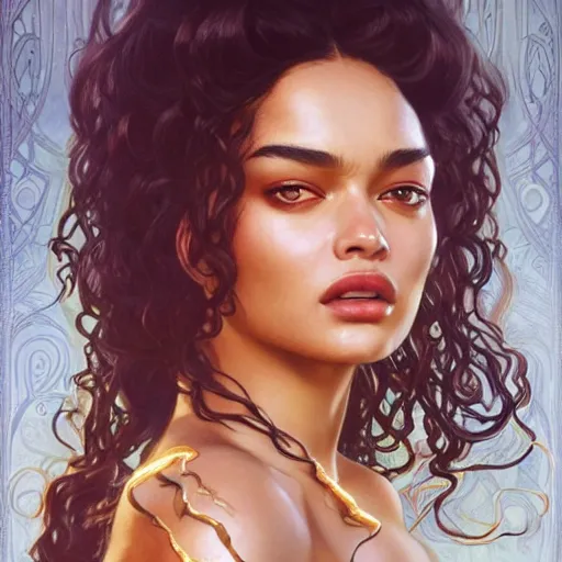 Image similar to Shanina Shaik as Medusa, frowning, scowl, snakes for hair, intricate, elegant, highly detailed, digital painting, artstation, concept art, smooth, sharp focus, illustration, art by artgerm and greg rutkowski and alphonse mucha